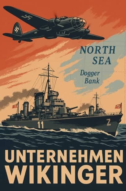 Propagandaposter uit WOII toont Duitse torpedobootjagers en een Heinkel He 111 boven de Noordzee tijdens Unternehmen Wikinger.
