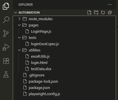 Project structure in VS Code for Playwright parameterized tests with pages, tests, and utilities folders
