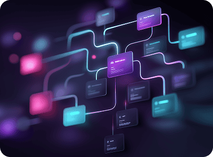 Diagrama abstrato de rede com nós retangulares brilhantes em roxo, rosa e azul, interligados por linhas luminosas em um fundo escuro.