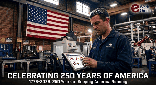 Maintenance technician using eWorkOrders CMMS on a tablet in an American factory, with a U.S. flag, celebrating 250 years of America.