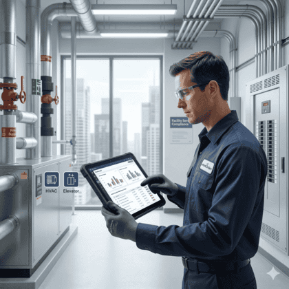 Facilities maintenance technician reviewing a preventive maintenance dashboard on a tablet in a building mechanical room
