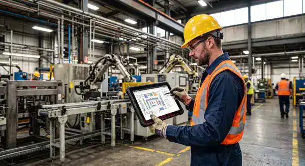 Maintenance technician on a manufacturing floor reviewing a facility floor plan on a tablet, illustrating the CMMS vs. CAFM comparison