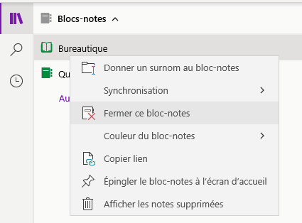 Le menu contextuel d'un bloc-notes de OneNote