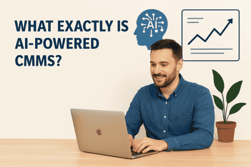 Smiling man in a blue shirt working on a laptop at a desk, with the text'What exactly is AI-powered CMMS?' and AI-themed graphics on the wall behind him.
