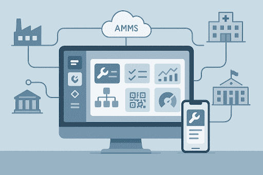 Illustration of an AMMS dashboard on desktop and mobile connecting via cloud to multiple facilities.