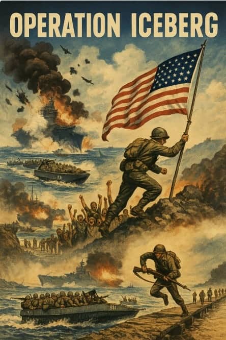 Propagandaposter WOII van Operatie Iceberg: Amerikaanse soldaten landen op Okinawa, vlag planten, schepen onder vuur en luchtgevechten.