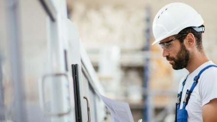 Industrial worker watching machine taking notes.