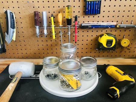 Organize with a lazy susan: garage workbench storage ideas