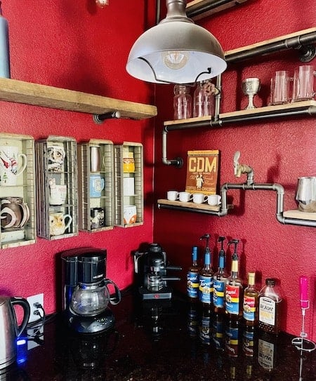 Corner coffee station with open shelves