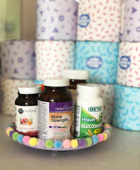 Supplement bottles stored on a Lazy Susan