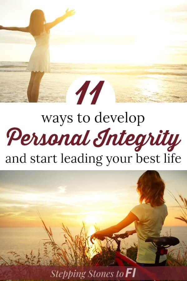 Woman overlooking sunset beach with text "11 ways to develop personal integrity and start leading your best life"