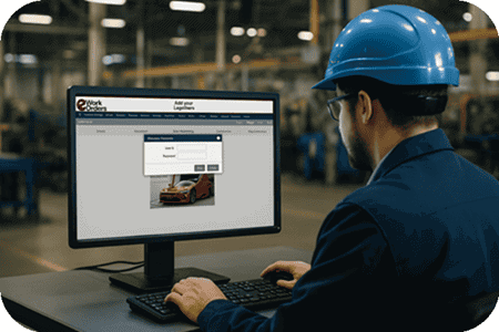 Technician logging into eWorkOrders system with electronic signature on desktop screen.