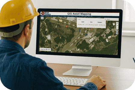 GIS asset tracking with eWorkOrders showing asset locations on a satellite map.