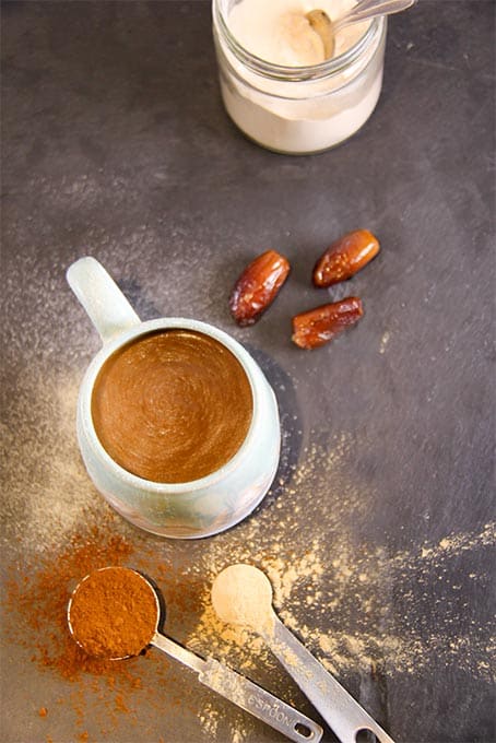 Chaga hot chocolate drink with hemp seeds and maca