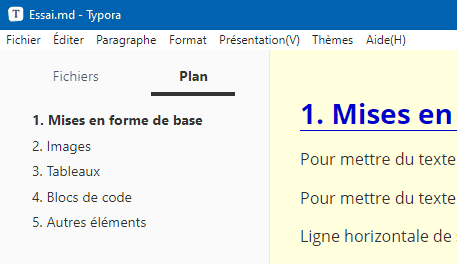 Onglet Plan du panneau latéral de Typora