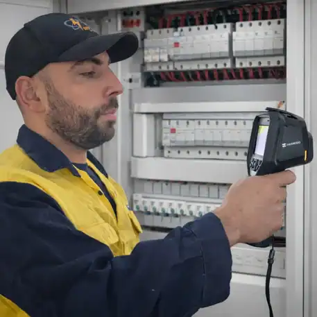 Thermal Imaging Sydney electrician inspecting commercial switchboard