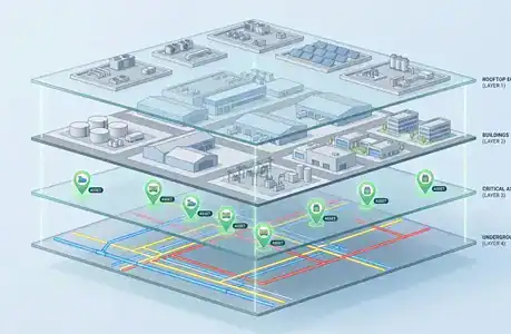 Layered GIS maps showing utility lines, buildings, and equipment in eWorkOrders CMMS