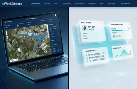Interactive GIS map in eWorkOrders CMMS showing assets pinned across a service area