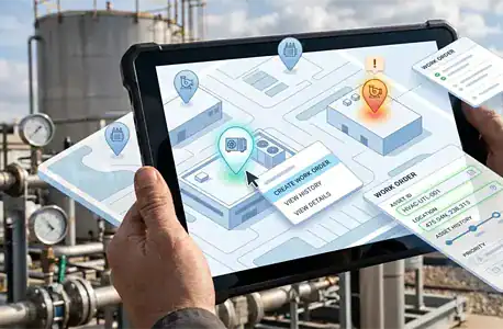 Field technician using mobile GIS map in eWorkOrders to locate assets and update work orders