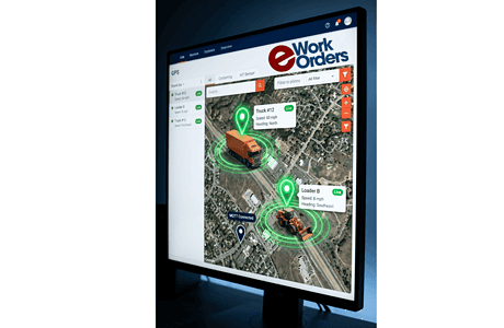 Real-time GPS tracking in eWorkOrders showing moving vehicles and equipment on a live map with IoT sensors