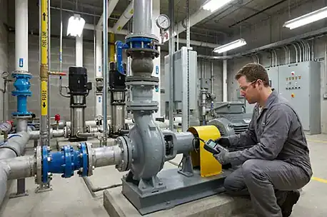Técnico utilizando un medidor de vibración portátil para inspeccionar una bomba centrífuga comercial en una sala de máquinas.