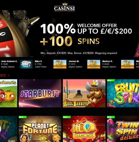 Casinsi Online Casino 100 free spins welcome bonus