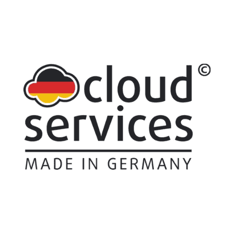 Logo für „Cloud Services Made in Germany“ mit einem Wolkensymbol in den Farben der deutschen Flagge und fettem schwarzen Text.