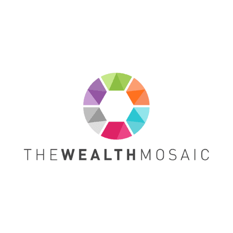 Logo mit einem mehrfarbigen kreisförmigen Mosaik über dem Text „THE WEALTH MOSAIC“, wobei „WEALTH“ in Fettschrift steht.