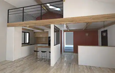 architecte et rénovation Image 3D Salon Séjour Cuisine