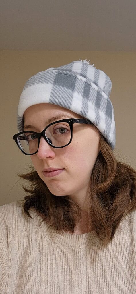 Gray Plaid Beanie for Women, Cozy Fleece Hat, Pom Beanie Hat, Gender Neutral Winter Accessories - Image 5