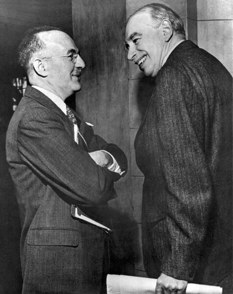 Portret van John Maynard Keynes, bekend om zijn economische theorieën over overheidsinterventie en herstel na crises.