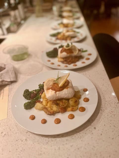 Halibut with Crsipy Smashed Potatoes and Broccolini with Lemon, Olives, and Pistachios