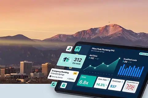 PPC for service businesses in Colorado Springs showing a Google search result for pest control, local map pack rankings, and lead‑generation metrics such as weekly leads, appointments booked, and call increases.
