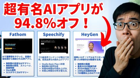 人気のAIアプリ「Fathom」「Speechify」「HeyGen」の94.8％割引を知らせる日本語テキストの横で、驚いた男性が口を覆っている。.