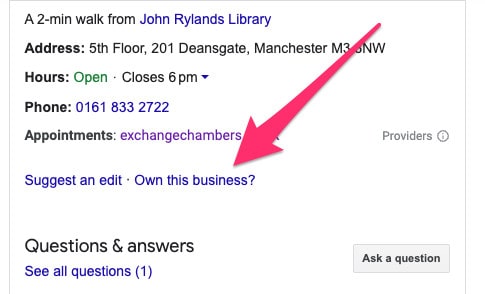 Example of 'Own this business' link in GBP results