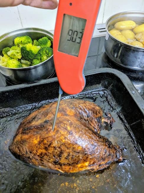 Donald Russell Christmas box turkey being probed with a Thermopen thermometer