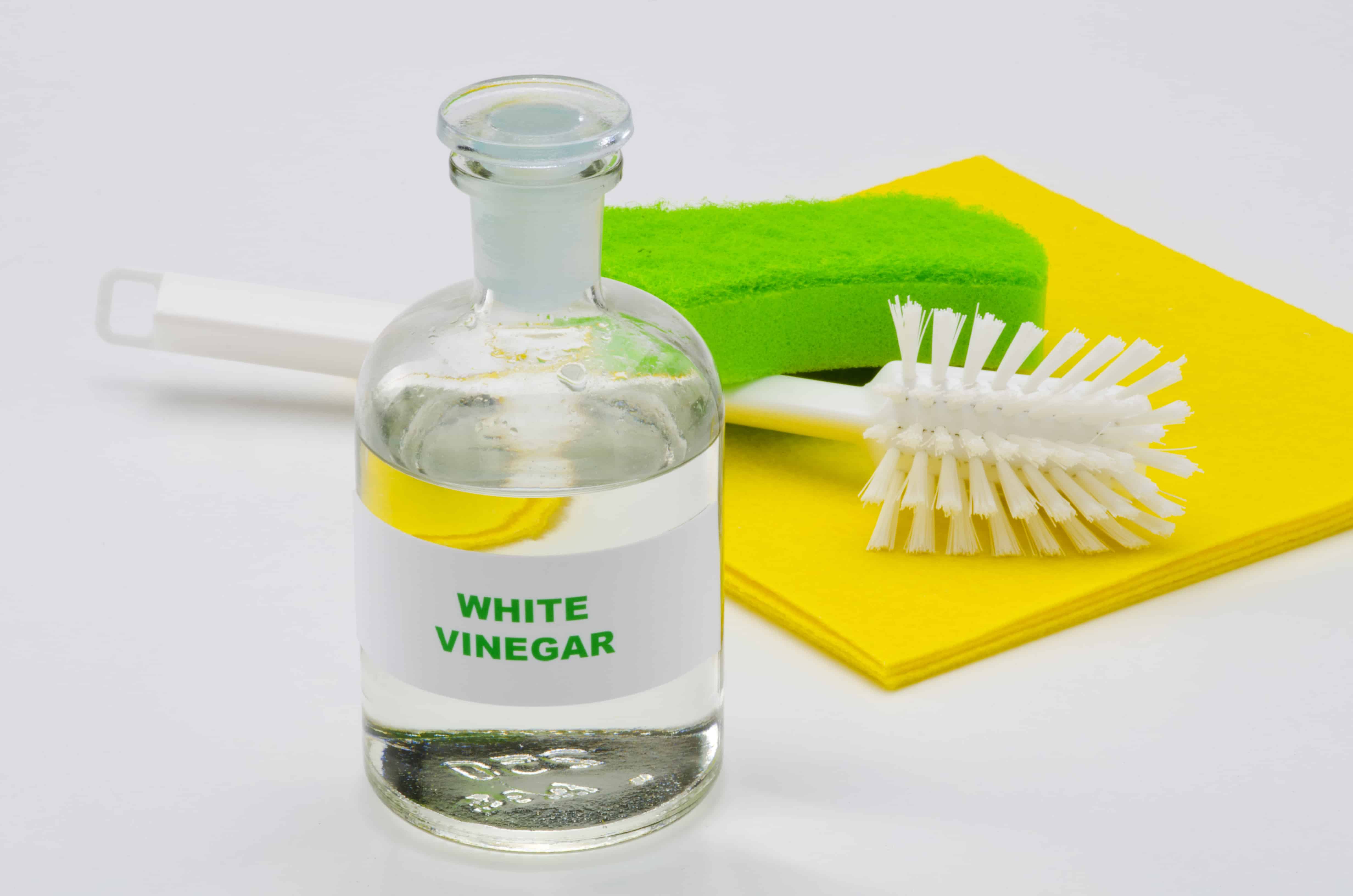 bottle of white vinegar with dish cloth, sponge and brush