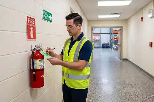 Safety inspector filling out an inspection tag on a wall-mounted fire extinguisher in a commercial facility hallway