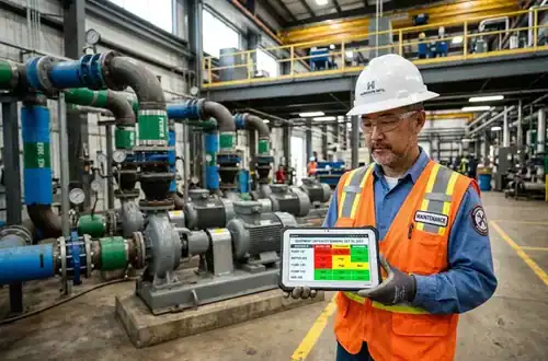 Maintenance manager reviewing a color-coded equipment criticality ranking on a tablet in an industrial plant with pumps and motors in the background