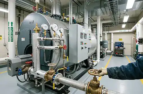 Technician adjusting a valve on a commercial steam boiler in a facility boiler room