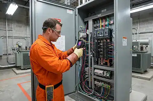 Electrician using a thermal imaging camera to inspect electrical equipment in a commercial facility