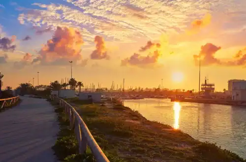 Promenade entlang eines Hafens bei Sonnenuntergang mit Wasser, Booten und Palmen am Meer.