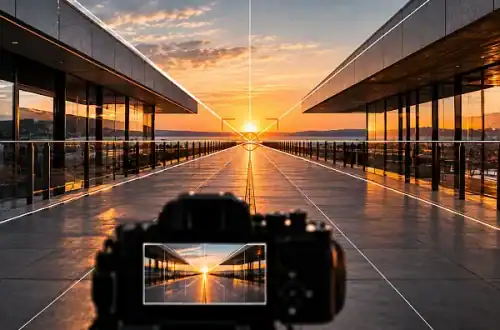Fotokamera mit Fluchtpunkt und Perspektivlinien auf einem modernen Steg