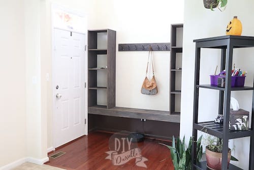 Try your hand at a DIY entryway storage bench to organize shoes in a small space.