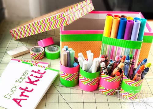 Colored pencil storage ideas: make a DIY art kit from a recycled shoe box, empty toilet paper rolls and decorative tape.