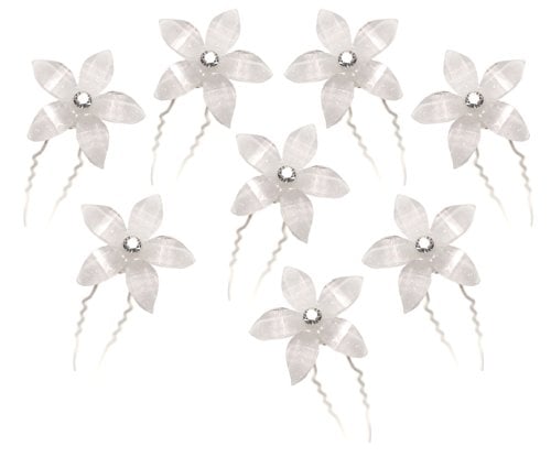 White Flower Hair Pins with Rhinestone Crystal for Wedding and Special Event (Set of 8)