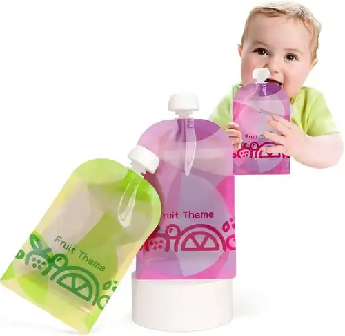 Sachet compote réutilisable bébé, gourde fruits sans BPA, écologique et pratique pour purées et smoothies.
