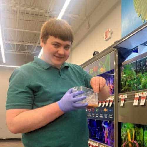 A person wearing a green shirt and blue gloves holds a plastic bag with water and a small fish inside, standing near aquariums in a pet store.