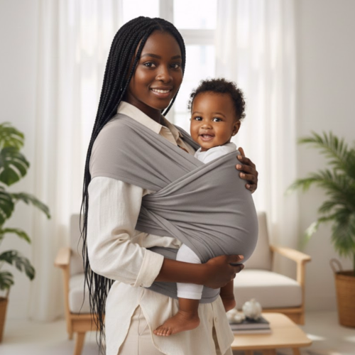 Echarpe de portage baby wrap gris chiné, écharpe porte-bébé douce pour nouveau-né, portage physiologique.