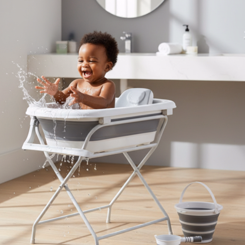 Table à langer bébé avec baignoire intégrée, pratique et sécurisée pour le bain et le change.